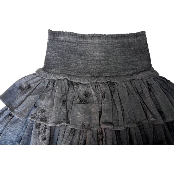 Unsubscribed Black Smocked Waist Tiered Embroidered Mini Skirt Size 4 New - Picture 3 of 10
